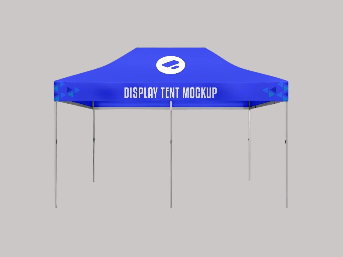 4.5m x 3m branded gazebo with custom printed blue roof canopy and open aluminium frame