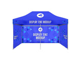 4.5m x 3m branded pop up gazebo with blue printed canopy, full back wall and two side walls