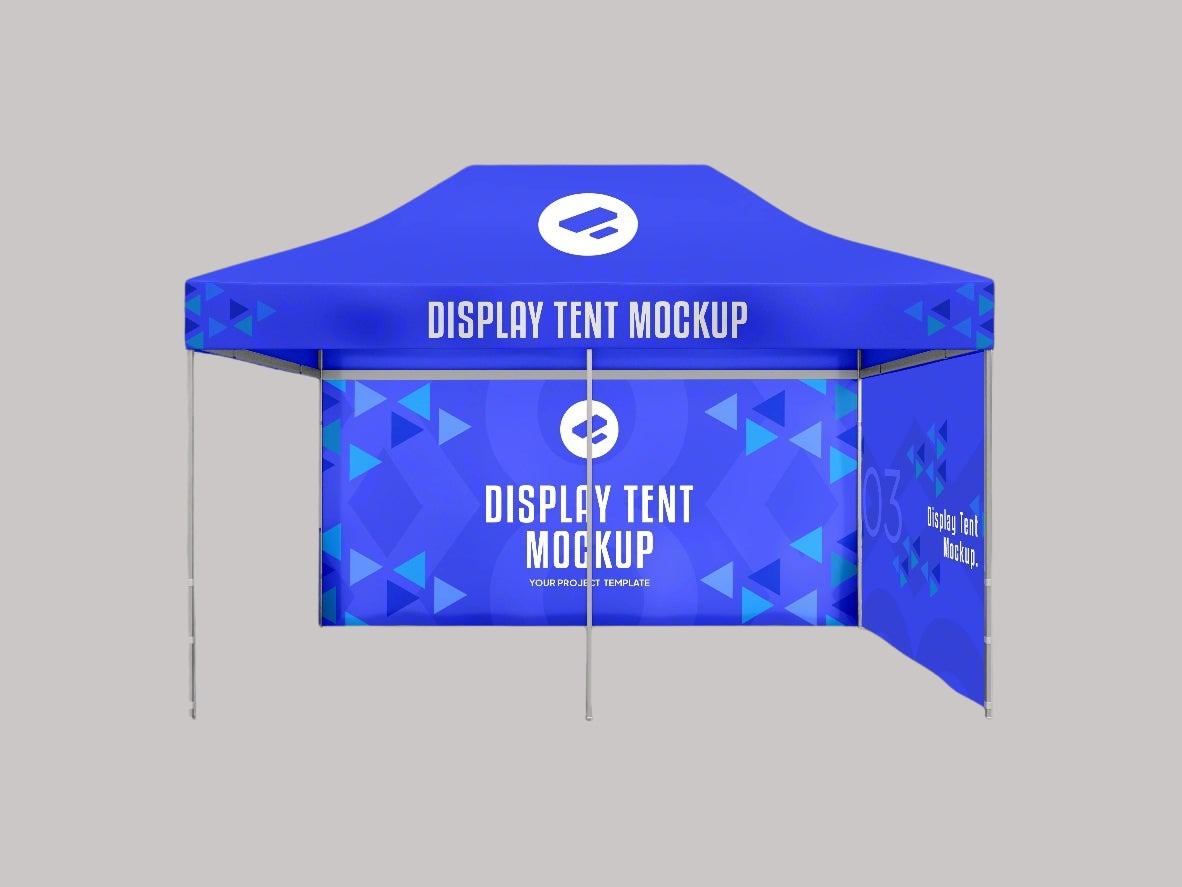 4.5m x 3m printed gazebo tent with blue branded canopy, back wall and side wall