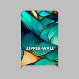 A 1.5m wide fabric backdrop display stand with a geometric pattern featuring shades of blue and orange, and the text 'ZIPPER-WALL' printed on it.