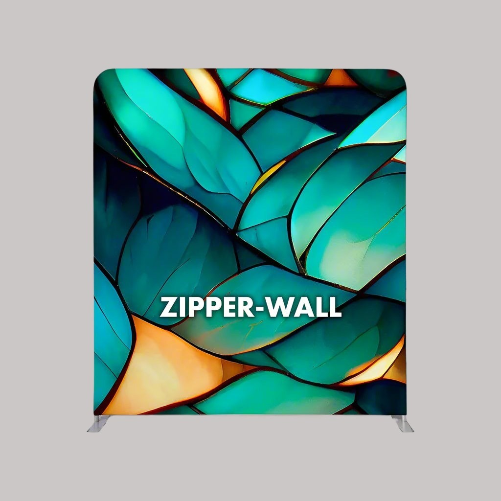 A 2m wide fabric backdrop display stand with a geometric pattern featuring shades of blue and orange, and the text 'ZIPPER-WALL' printed on it.