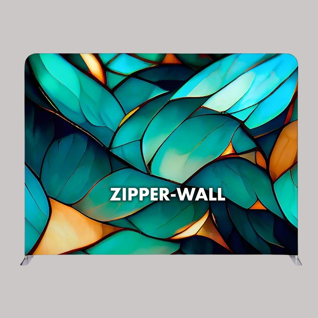 A 3m wide fabric backdrop display stand with a geometric pattern featuring shades of blue and orange, and the text 'ZIPPER-WALL' printed on it.