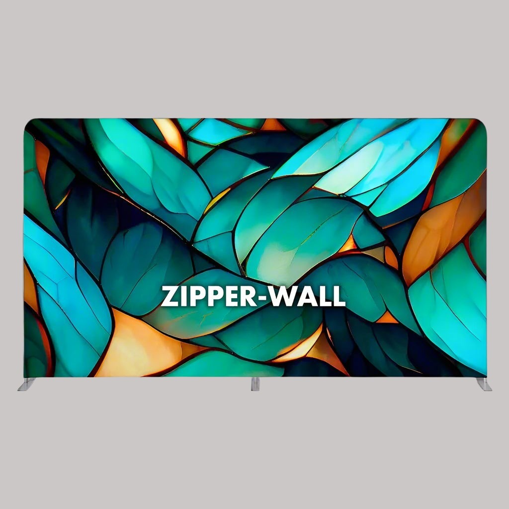 A 4m wide fabric backdrop display stand with a geometric pattern featuring shades of blue and orange, and the text 'ZIPPER-WALL' printed on it.