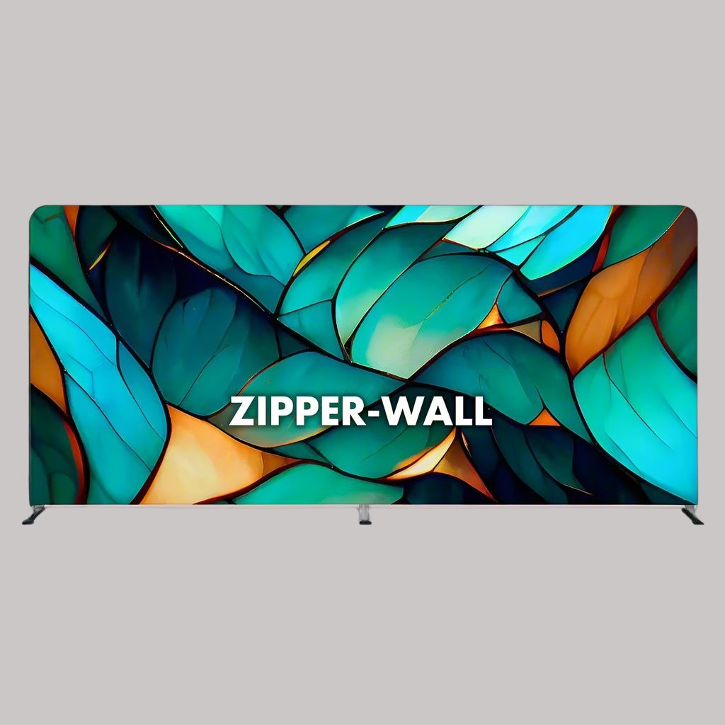 A 5m wide fabric backdrop display stand with a geometric pattern featuring shades of blue and orange, and the text 'ZIPPER-WALL' printed on it.