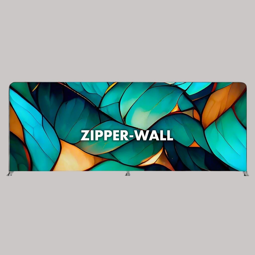 A 6m wide fabric backdrop display stand with a geometric pattern featuring shades of blue and orange, and the text 'ZIPPER-WALL' printed on it.
