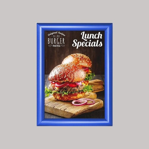 A blue snap frame displaying a poster of a sandwich, with the text 'Lunch Specials' on it, set against a plain background.