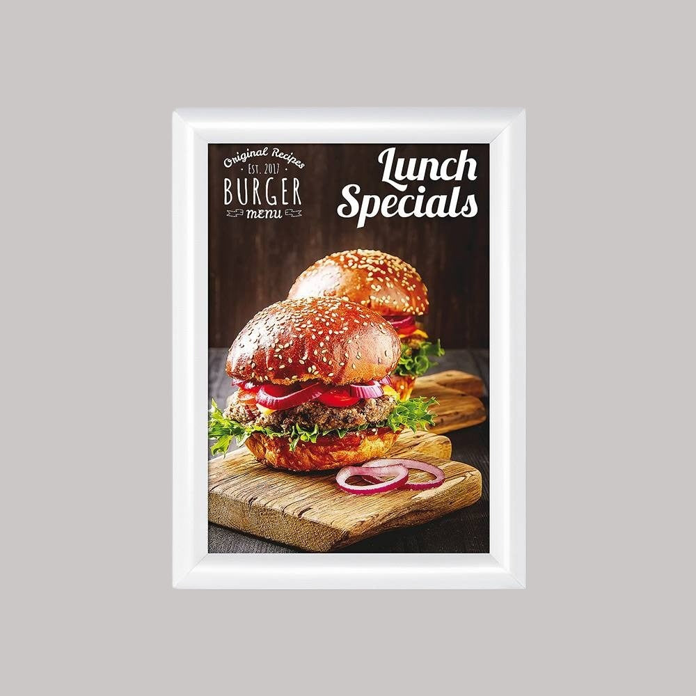 A white snap frame displaying a poster of a sandwich, with the text 'Lunch Specials' on it, set against a plain background.