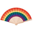 Colorful rainbow-patterned fan on a gray background