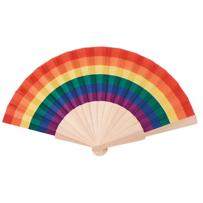 Colorful rainbow-patterned fan on a gray background