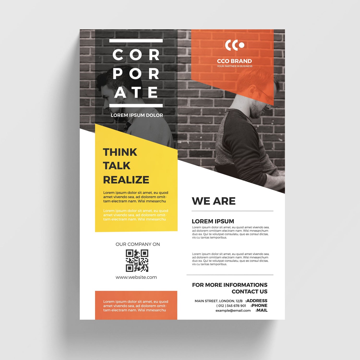 Corporate A7 flyer design with text and a QR code on a gray background