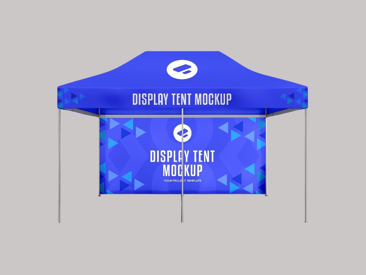 Custom printed 4.5m x 3m gazebo with blue branded roof and full-width printed back wall