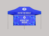 Custom printed 4.5m x 3m gazebo with blue branded roof and full-width printed back wall