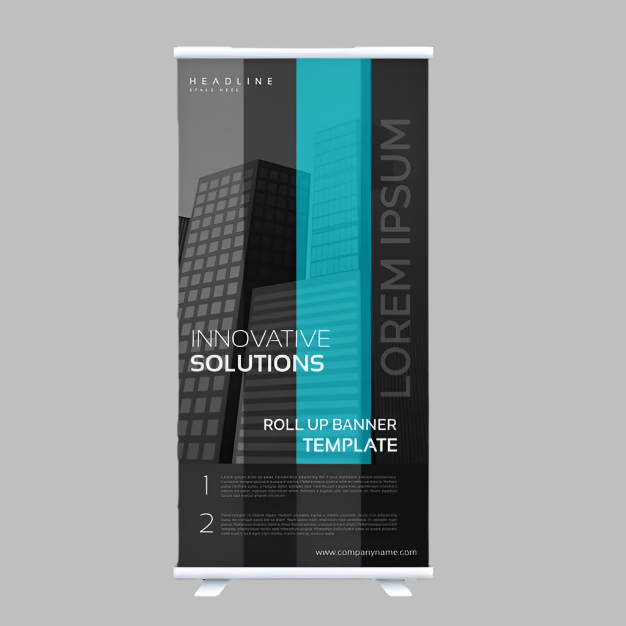 Custom printed pull up banner with black and teal corporate artwork displayed on a retractable roller banner stand
