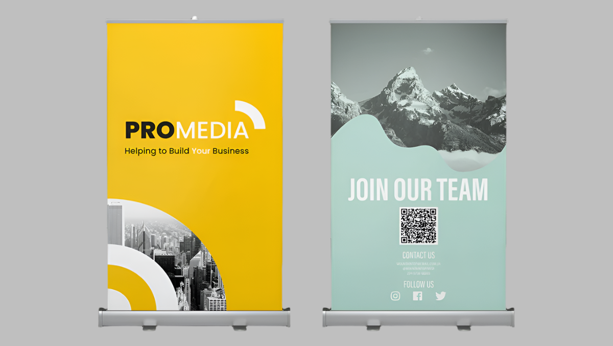 Custom roll up banner printing examples with yellow and green promotional graphics for business exhibitions and events