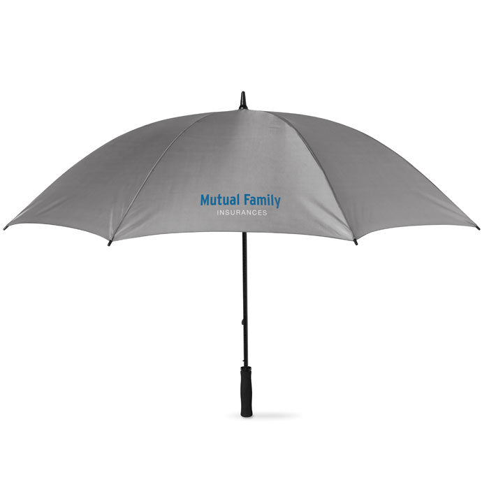 Grey branded golf umbrella with Mutual Family Insurances logo printed on canopy