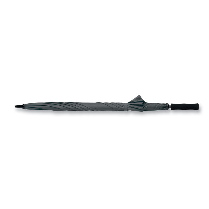 Grey golf umbrella folded horizontally showing full length and EVA handle