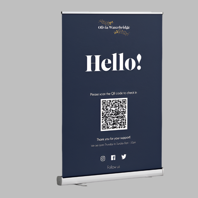 Navy blue personalised pull up banner with Hello message and QR code on a retractable exhibition display stand