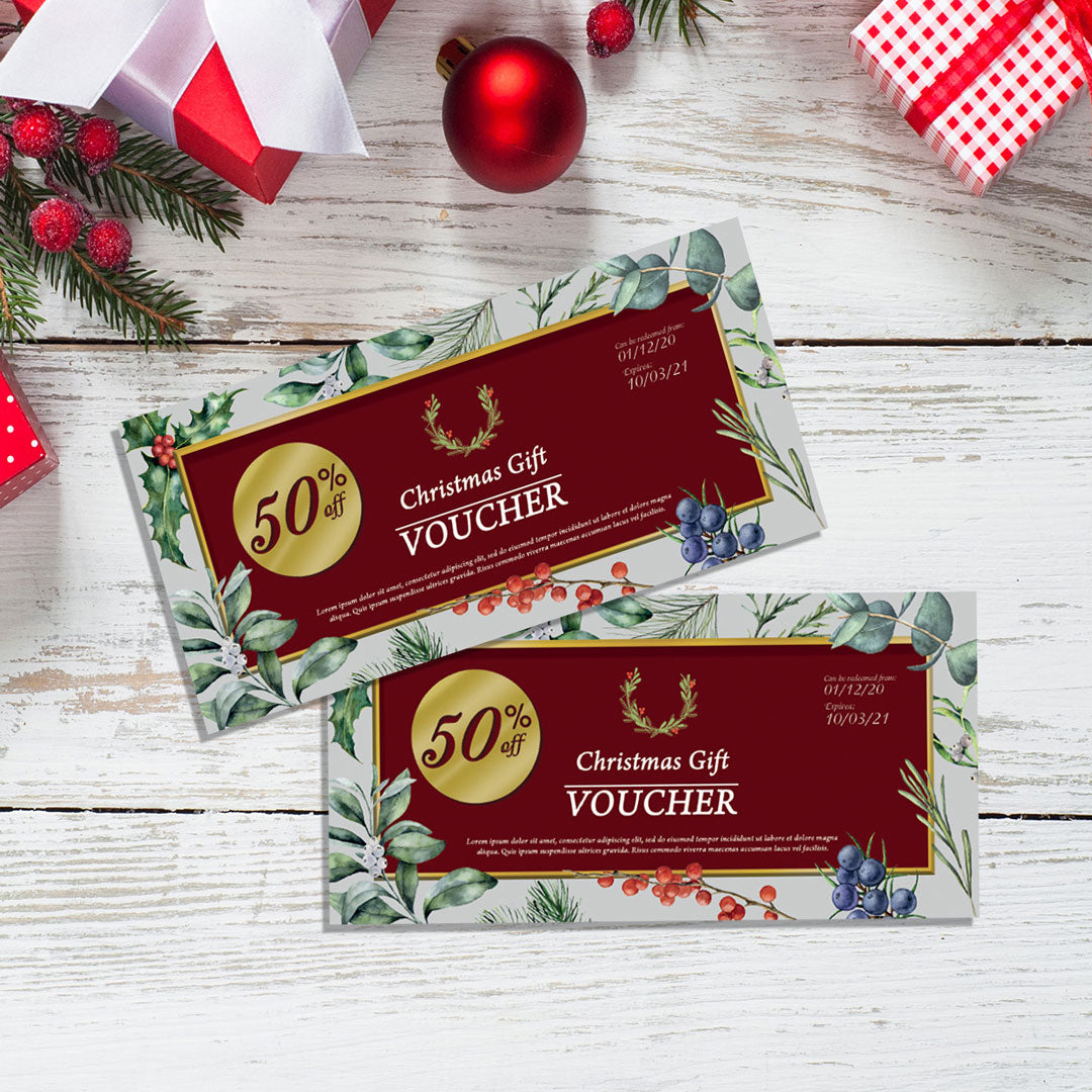Personalised Christmas vouchers with festive design and custom branding