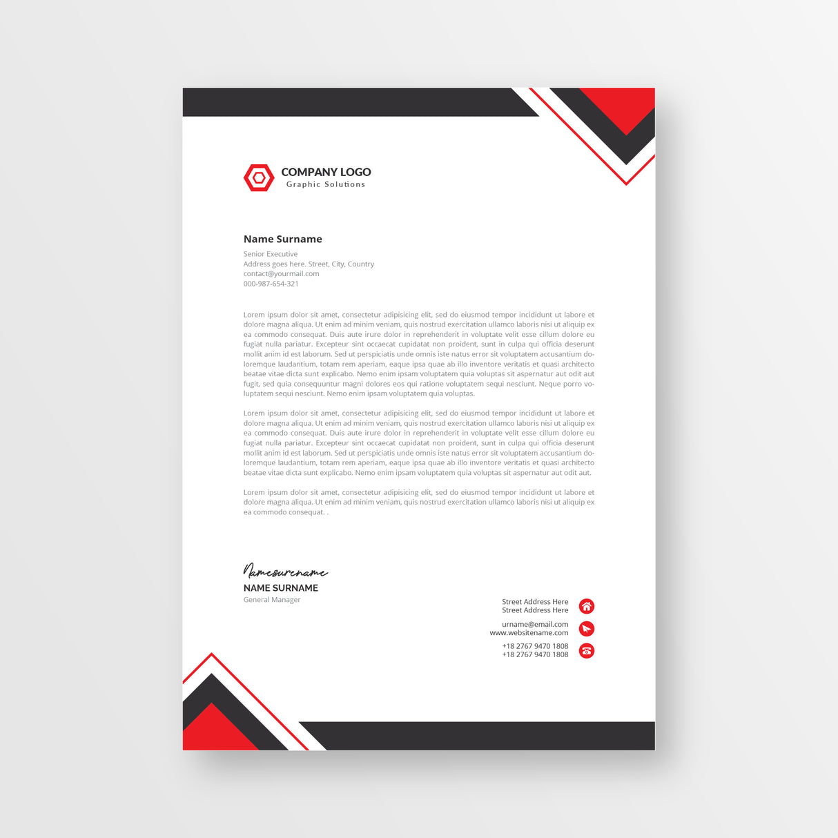 Professional letterhead paper with red and black design elements on a white background