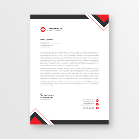 Professional letterhead paper with red and black design elements on a white background