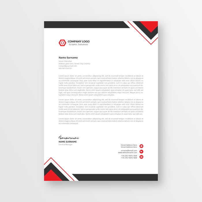 Professional letterhead paper with red and black design elements on a white background