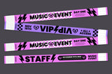 Purple printed Tyvek wristbands with VIP and staff event identification