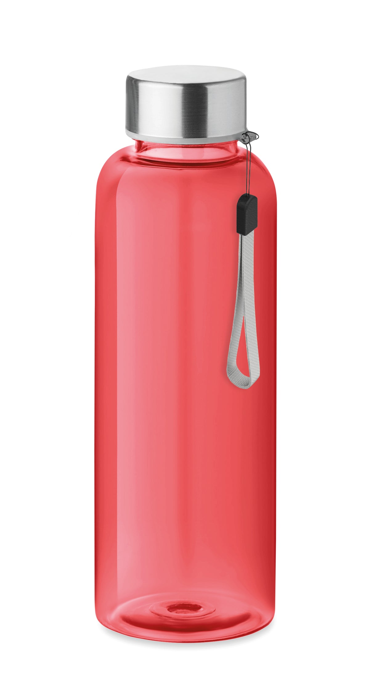 Red reusable Tritan water bottle with branding