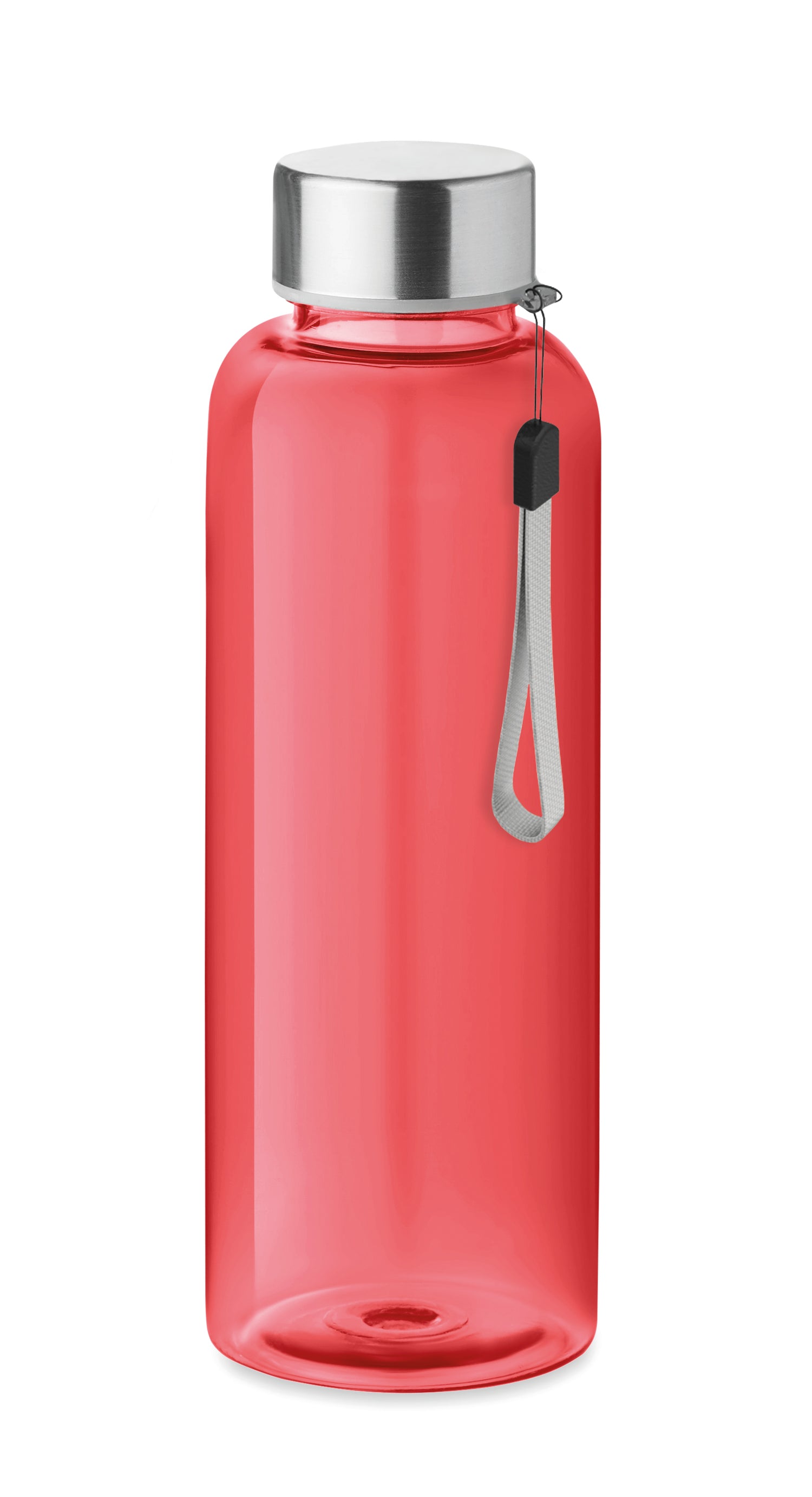 Red reusable Tritan water bottle with branding
