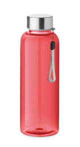 Red reusable Tritan water bottle with branding