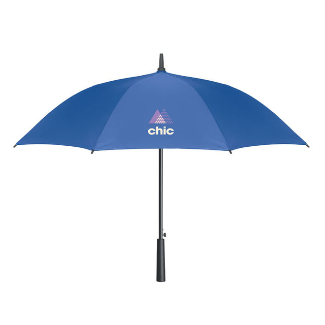 Royal blue 23-inch custom printed branded umbrella with Chic logo on the canopy