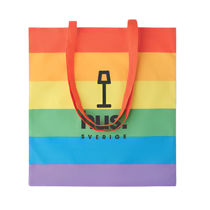 Tote bag with rainbow stripes and 'Pусс Sverige' logo on a white background