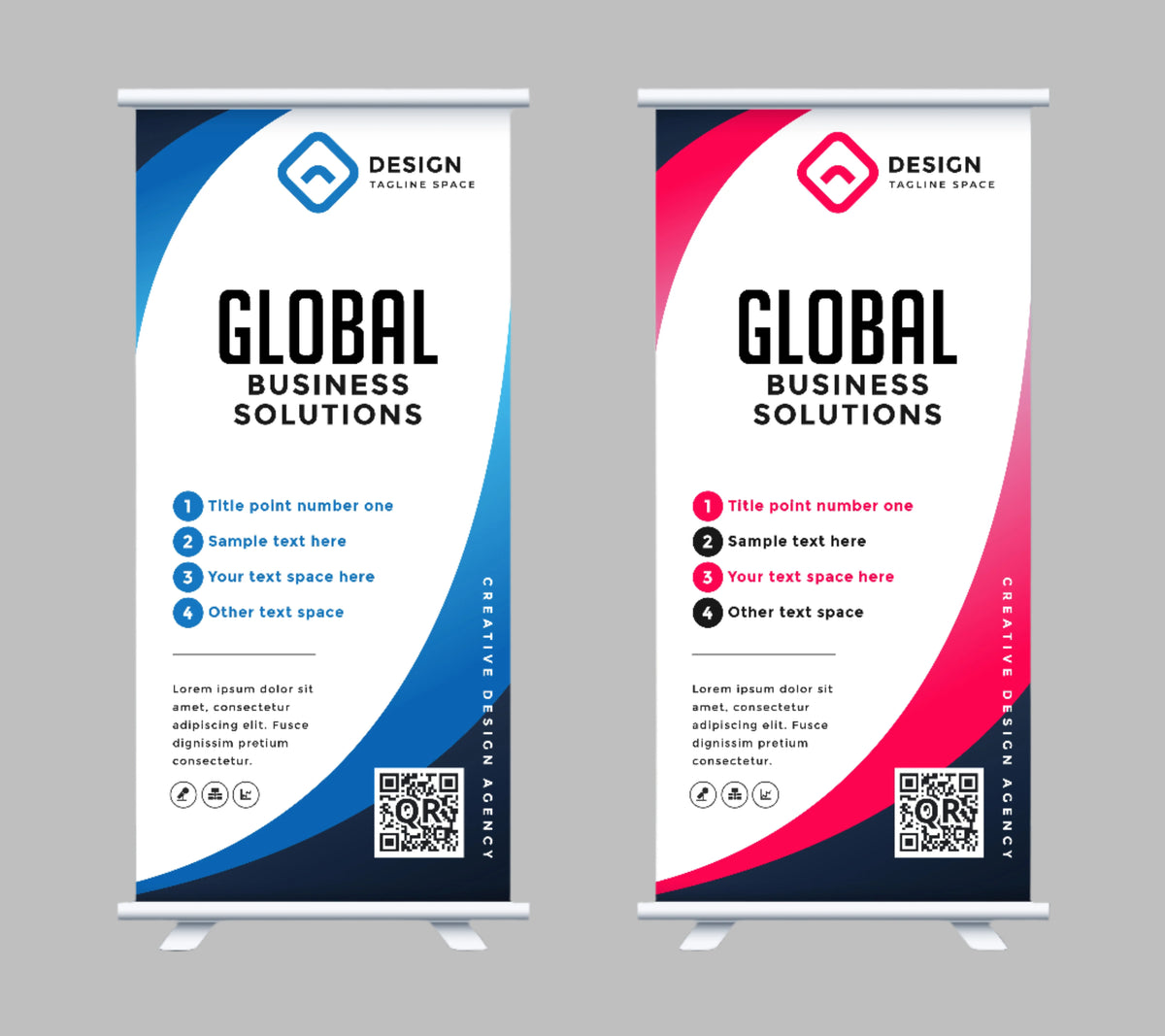 Two branded roller banners with blue and pink Global Logistics promotional designs on portable display stands