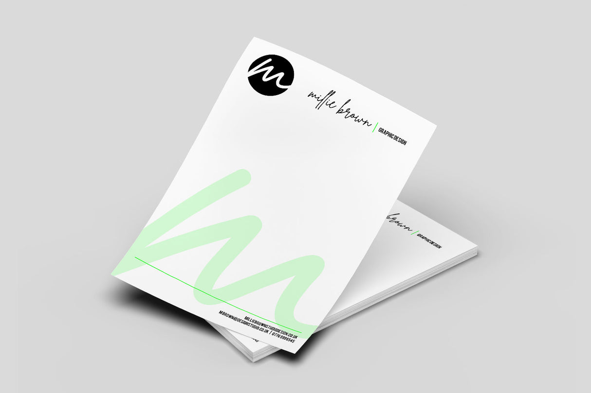 Two white printed a5 letterheads with green text on a grey background