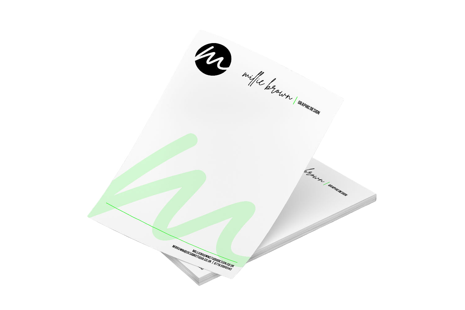 Two white printed a5 letterheads with green text on a grey background