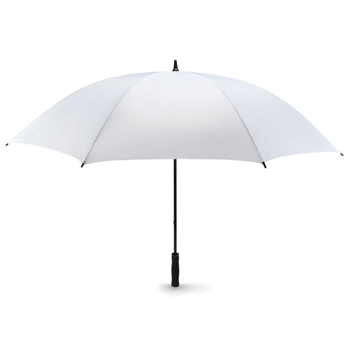 Underside view of grey golf umbrella showing fibreglass ribs and frame