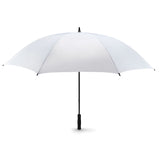 Underside view of grey golf umbrella showing fibreglass ribs and frame