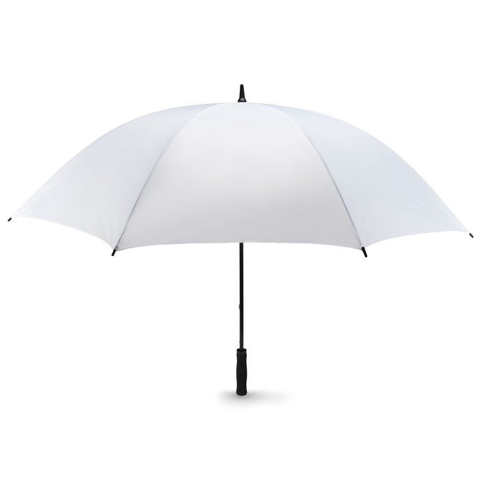 White 30-inch branded golf umbrella shown fully open from the front
